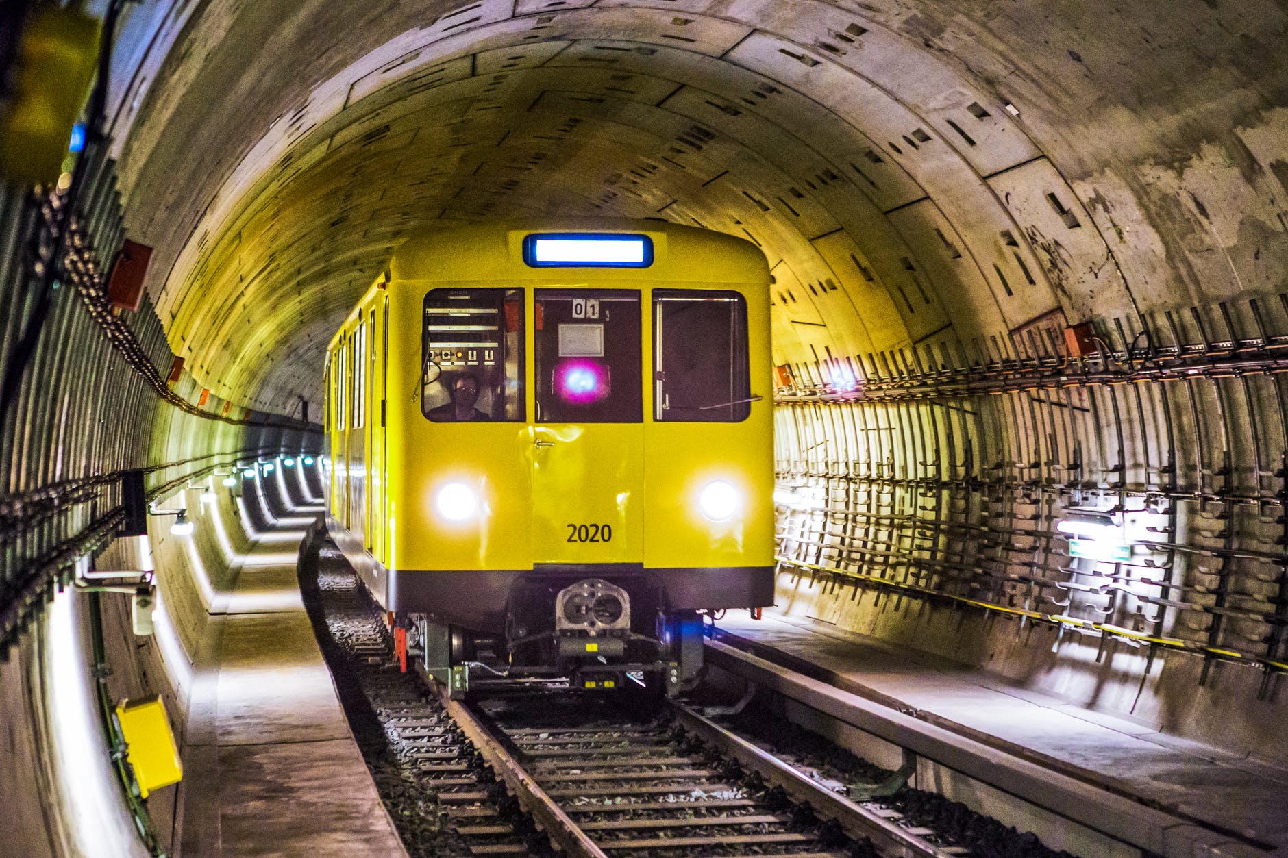 yellow and black train under tunnel